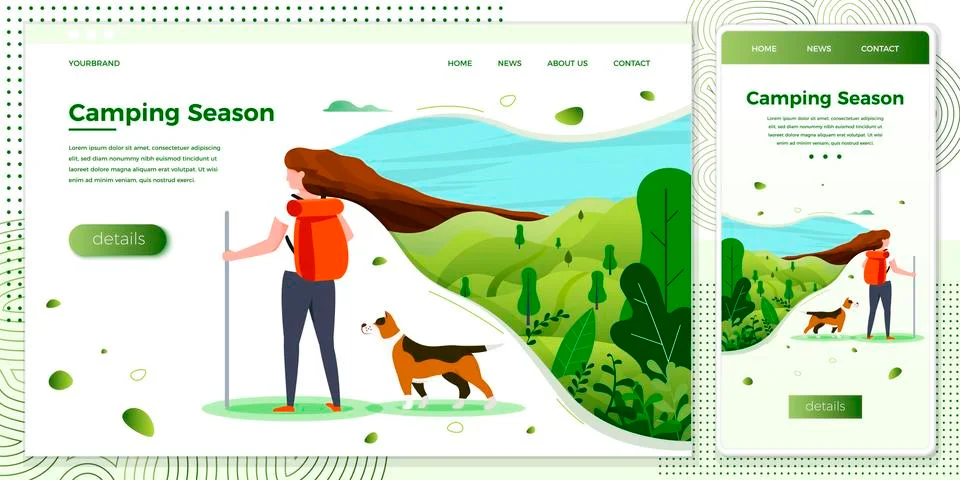 Vector cross platform illustration set - tourist girl with backpack and dog Stock Illustration