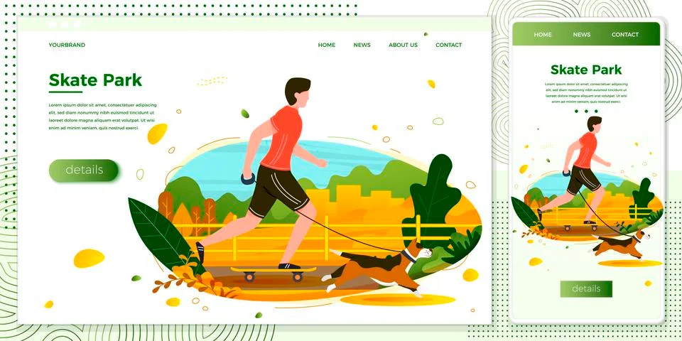Vector cross platform illustration set - man with dog skating in park. Stock Illustration