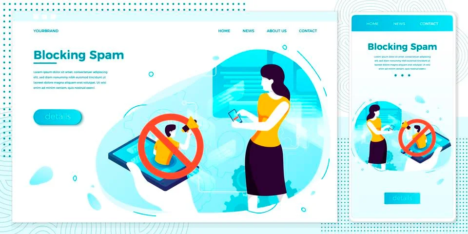 Vector cross platform illustration set - girl with mobile phone, blocking spam Stock Illustration