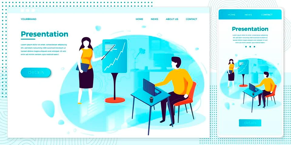 Vector cross platform illustration set girl with presentation, meeting in office Stock Illustration