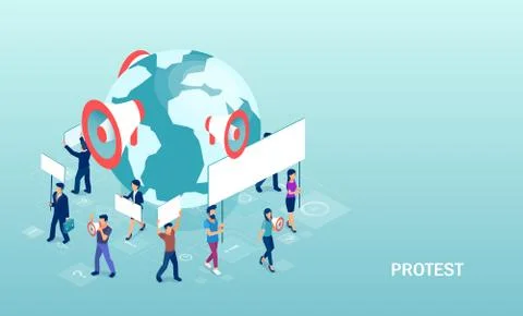 Vector of crowd of diverse people protesters holding banners and placards Stock Illustration