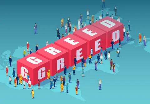 Vector of a crowd of people standing by cube blocks building the word greed Stock Illustration