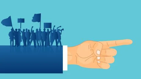 Vector of crowd of protesters people with banners standing on a politician ha Stock Illustration