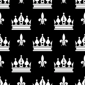 Vector crowns fleur de lis seamless pattern in black and white 스톡 일러스트