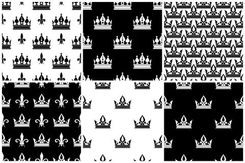 Vector crowns seamless patterns set in black and white Stockillustratie
