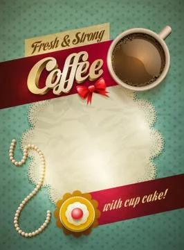 Vector cup of coffee and cakes on lace paper background Stock Illustration