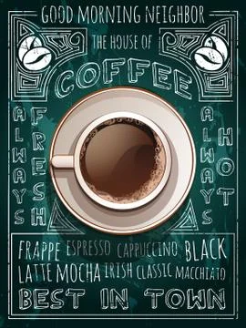 Vector cup of coffee on blackboard menu Stock Illustration