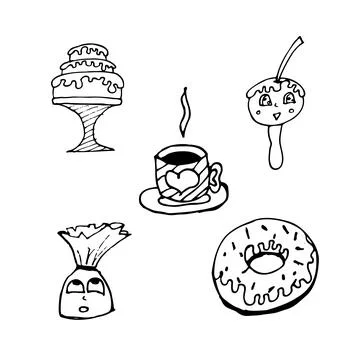 Vector cup of tea, coffee, cake, candy, cherry and donut for menu cafe, bar Stock Illustration