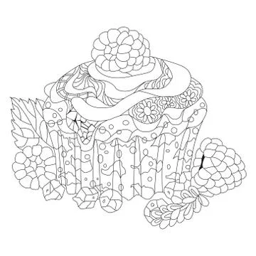 Vector cupcake with chocolate and raspberry for coloring Illustrazione stock
