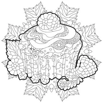 Vector cupcake with chocolate and raspberry for coloring Illustrazione stock