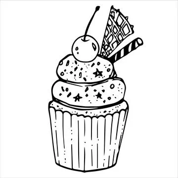 Vector cupcake hand drawn design. Doodle cakes with cream isolated on white Stock Illustration