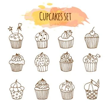 Vector cupcake illustration. Set of cute hand drawn cupcakes Stock Illustration