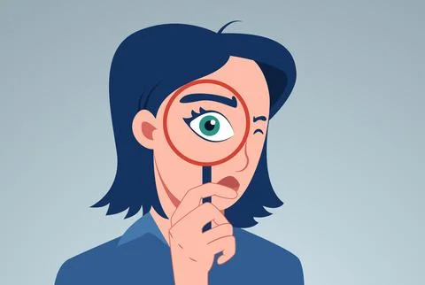 Vector of a curious woman looking through a magnifying glass Stock Illustration