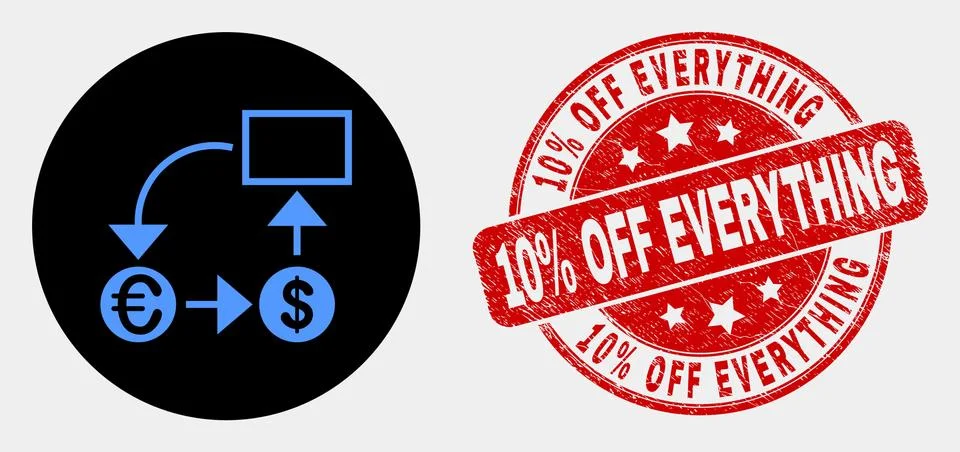 Vector Currency Conversion Scheme Icon and Distress 10% Off Everything Stamp Stock Illustration