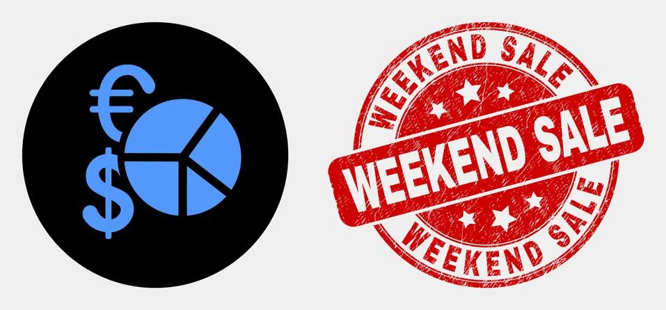 Vector Currency Pie Chart Icon and Distress Weekend Sale Stamp Stock Illustration
