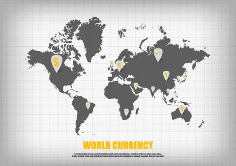 Vector : Currency symbol in map pointers on world map Stock Illustration