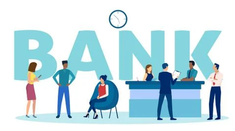 Vector of customers waiting in queue at a bank branch to be assisted by finan Stock Illustration