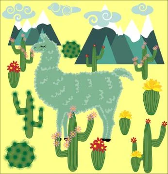 Vector cute Alpaca. Llama animals and cactus. Llama Alpaca. Cartoon animal. 스톡 일러스트