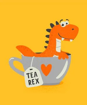 Vector Cute and Funny Textured Cartoon Dinosaur in Tea Cup. Mug with Hot Tea Illustrazione stock