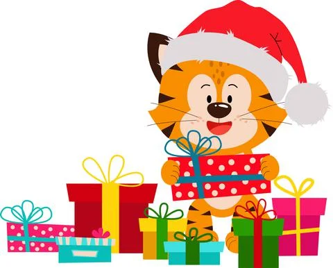 Vector cute and funny tiger cub with gift boxes. Stock Illustration