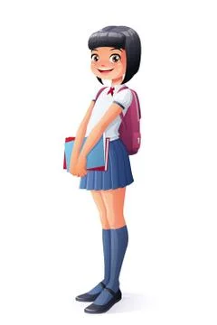 Vector cute Asian young school student girl standing with books. Stock Illustration
