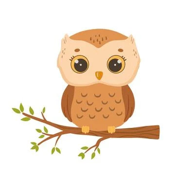 Vector cute baby owl on tree. Hand drawn character forest bird isolated on white Stock Illustration