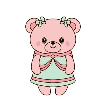 Vector cute bear doll in princess dress icon. Vector pink shy bear with bows and 스톡 일러스트