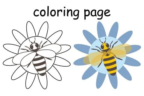 Vector Cute Bee on a blue flower Cartoon style illustration for coloring book Stock Illustration