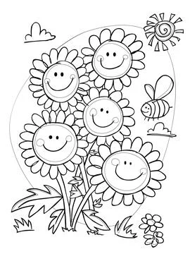 Vector cute black and white outlines happy cheeky daisy flowers portrait wi.. Stock Illustration