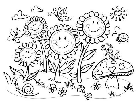 Vector cute black and white outlines happy cheeky smiley flowers horizontal.. Stock Illustration