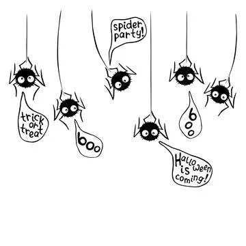 Vector cute black spiders hanging on web. Funny letterings in speech bubbles  Illustrazione stock