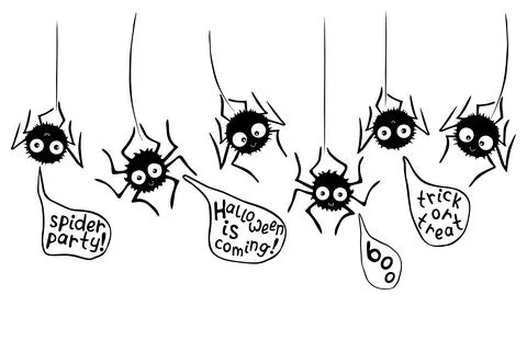 Vector cute black spiders hanging on web. Funny letterings in speech bubbles  Stock-Illustration