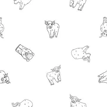 Vector cute black white outline seamless pattern of highland Scottish cows bu Stock Illustration