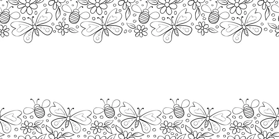 Vector cute border, frame of butterflies, honey bees and flowers in doodle st Stock Illustration