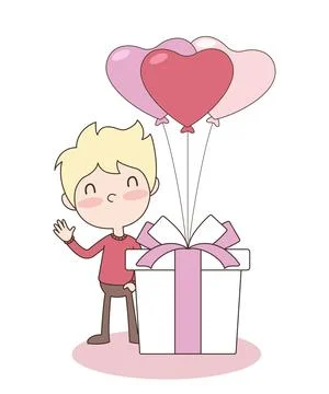 Vector of cute boy with gift box and heart balloons. Valentine's concept. Stock Illustration