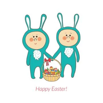 Vector cute bunnies with a basket in hand with eggs Stock Illustration