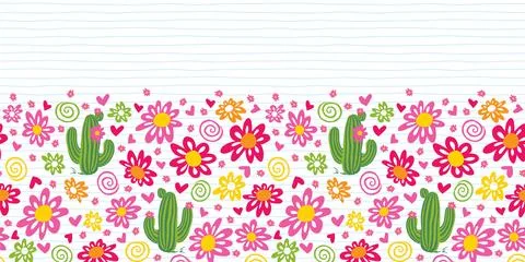 Vector cute cactus and daisy flowers horizontal border pattern. Suitable fo.. 스톡 일러스트