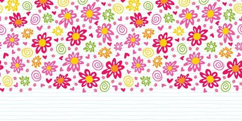 Vector cute cactus and daisy flowers horizontal border top pattern. Suitable  Stock Illustration