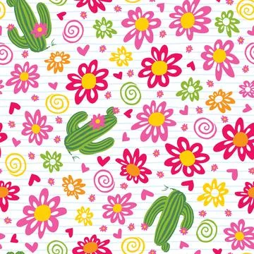 Vector cute cactus and daisy flowers seamless repeat pattern. Suitable for Illustrazione stock