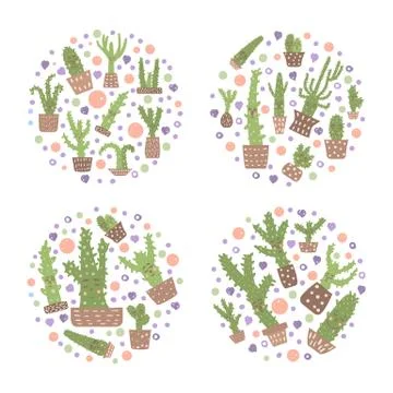 Vector cute cactus design set. Hand drawn style houseplant round compositions 스톡 일러스트