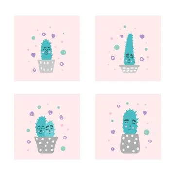 Vector cute cactus design set. Four hand drawn style houseplants with happy f 스톡 일러스트