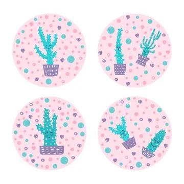 Vector cute cactus design set of round badges. Hand drawn style houseplant ci Stock Illustration