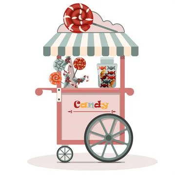 Vector cute candy cart. Flat illustration of a street fast food. Cartoon street Illustrazione stock