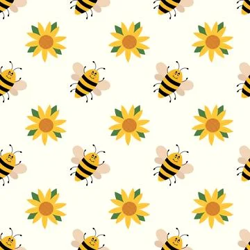 Vector cute cartoon bee and sunflower seamless pattern. Funny bumblebees Stock Illustration