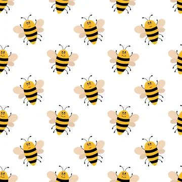Vector cute cartoon bee seamless pattern. Funny bumblebees background. Stock Illustration