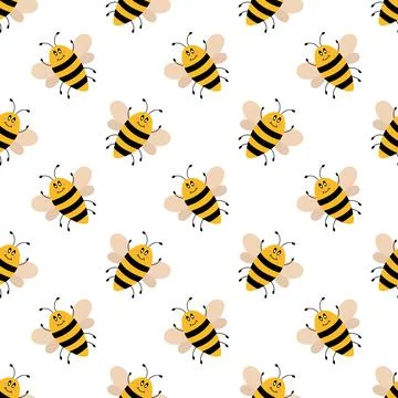 Vector cute cartoon bee seamless pattern. Funny bumblebees background. Stock Illustration