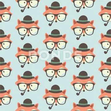 Vector cute cartoon fox seamless pattern. Stock Illustration