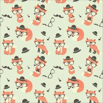 Vector cute cartoon fox seamless pattern. Stock Illustration
