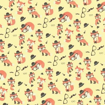 Vector cute cartoon fox seamless pattern. Stock Illustration