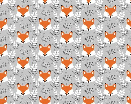 Vector cute cartoon fox seamless pattern. Orange fox s head on background. Go Stock Illustration